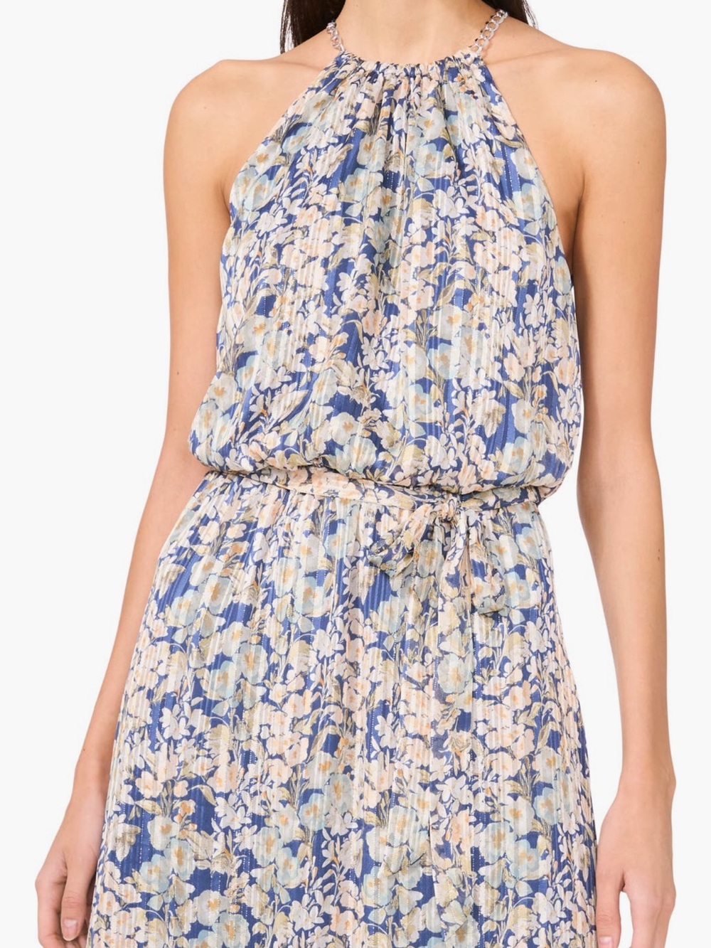 Halogen Curb Chain Detail Metallic Floral Halter Maxi Dress Size Medium NWOT - Picture 3 of 14
